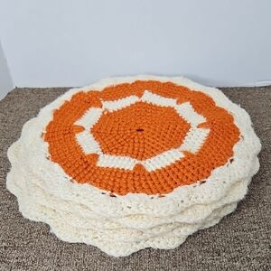 Vintage Crochet Place Mats Dollies Orange & Cream Lot of 6 Scalloped Edges 14"